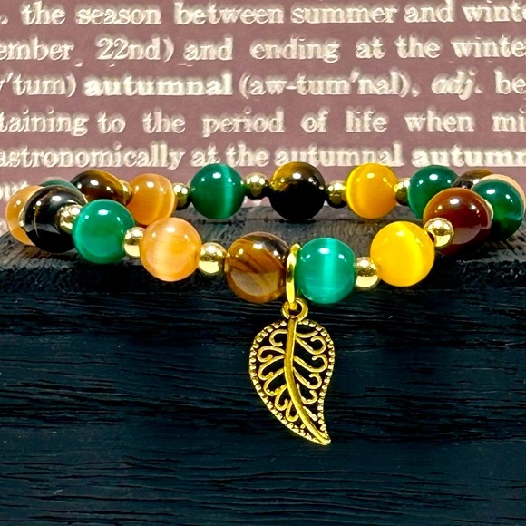 Handmade Fall Leaf Charm Bracelet Featuring Natural Cat Eye & Tiger Eye Stones! - Picture 4 of 5